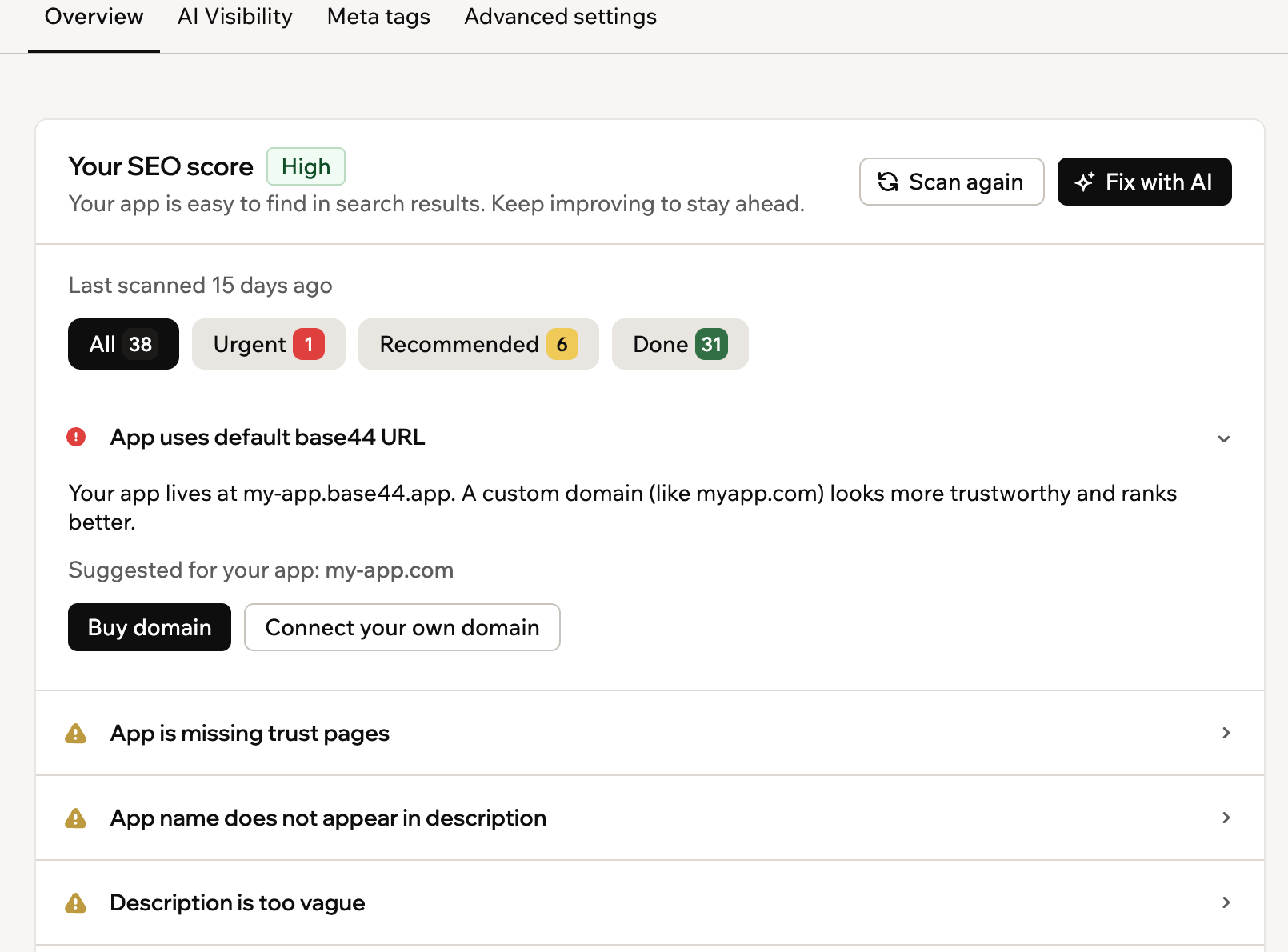 Uno screenshot della scheda Overview di SEO e GEO con Your SEO score, Scan again, Fix with AI e la checklist
