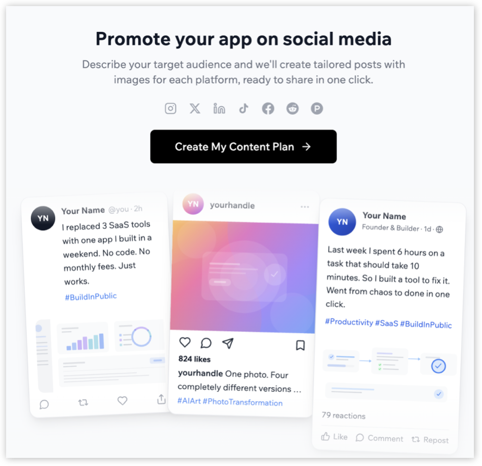 Promotion strategy and generated posts for a Base44 app