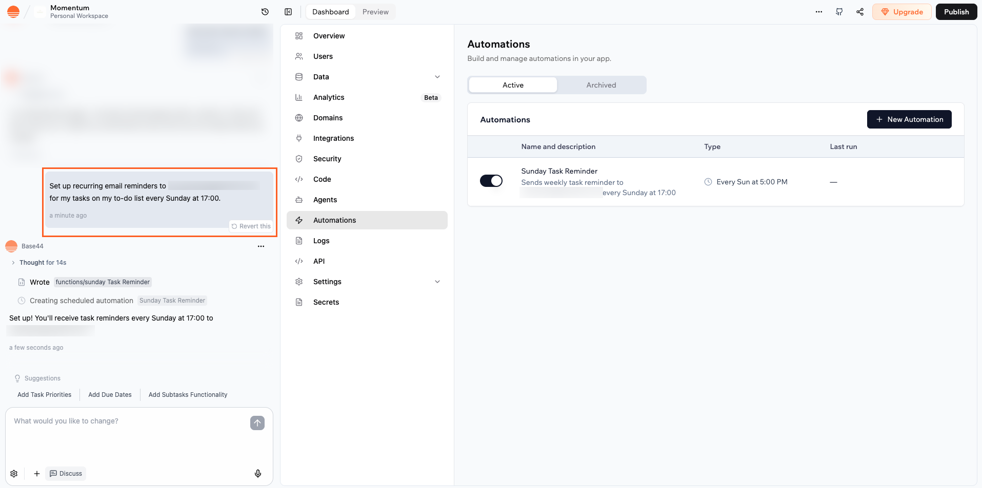 Setting up an automation using the AI chat