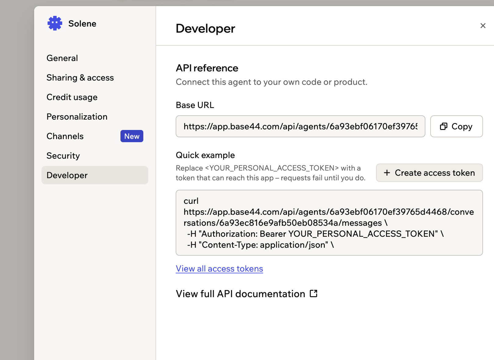 Ein Screenshot der Developer-Einstellungen eines Superagents mit Base URL, einer Beispielanfrage und Create access token