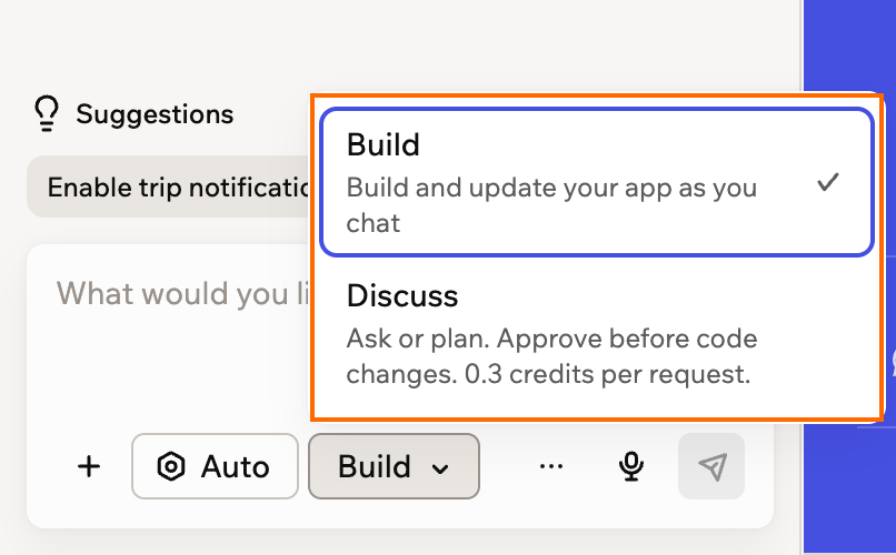 A screenshot of the AI chat message box with the mode drop-down open, showing Build and Discuss, outlined