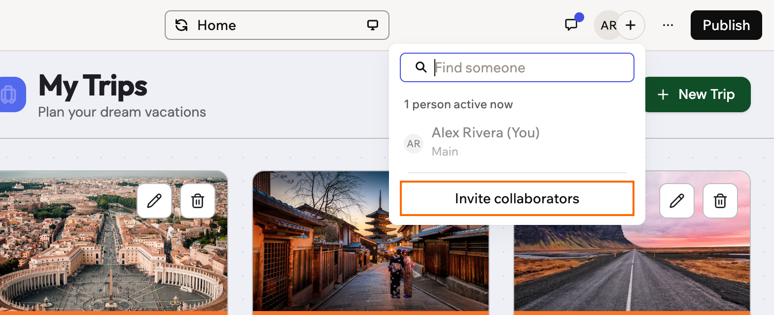 A screenshot of the collaborators menu open from the app editor top bar, with Invite collaborators outlined