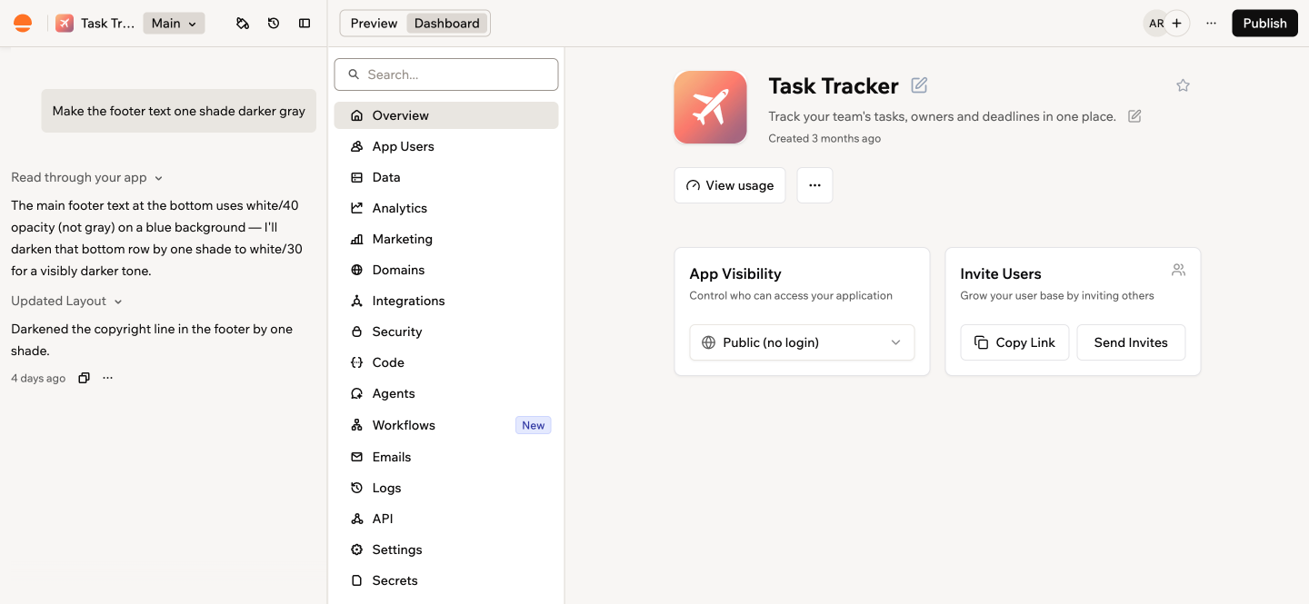 A screenshot of the app Dashboard open on Overview, with the dashboard sidebar listing every section