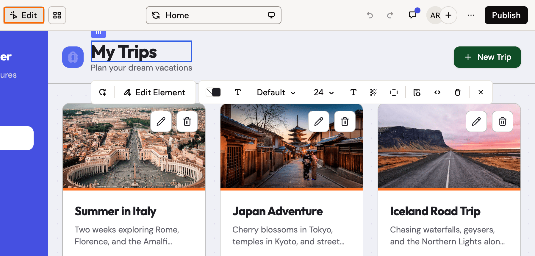 A screenshot of Edit mode with a heading selected in the preview, its style toolbar open, and the Edit button outlined