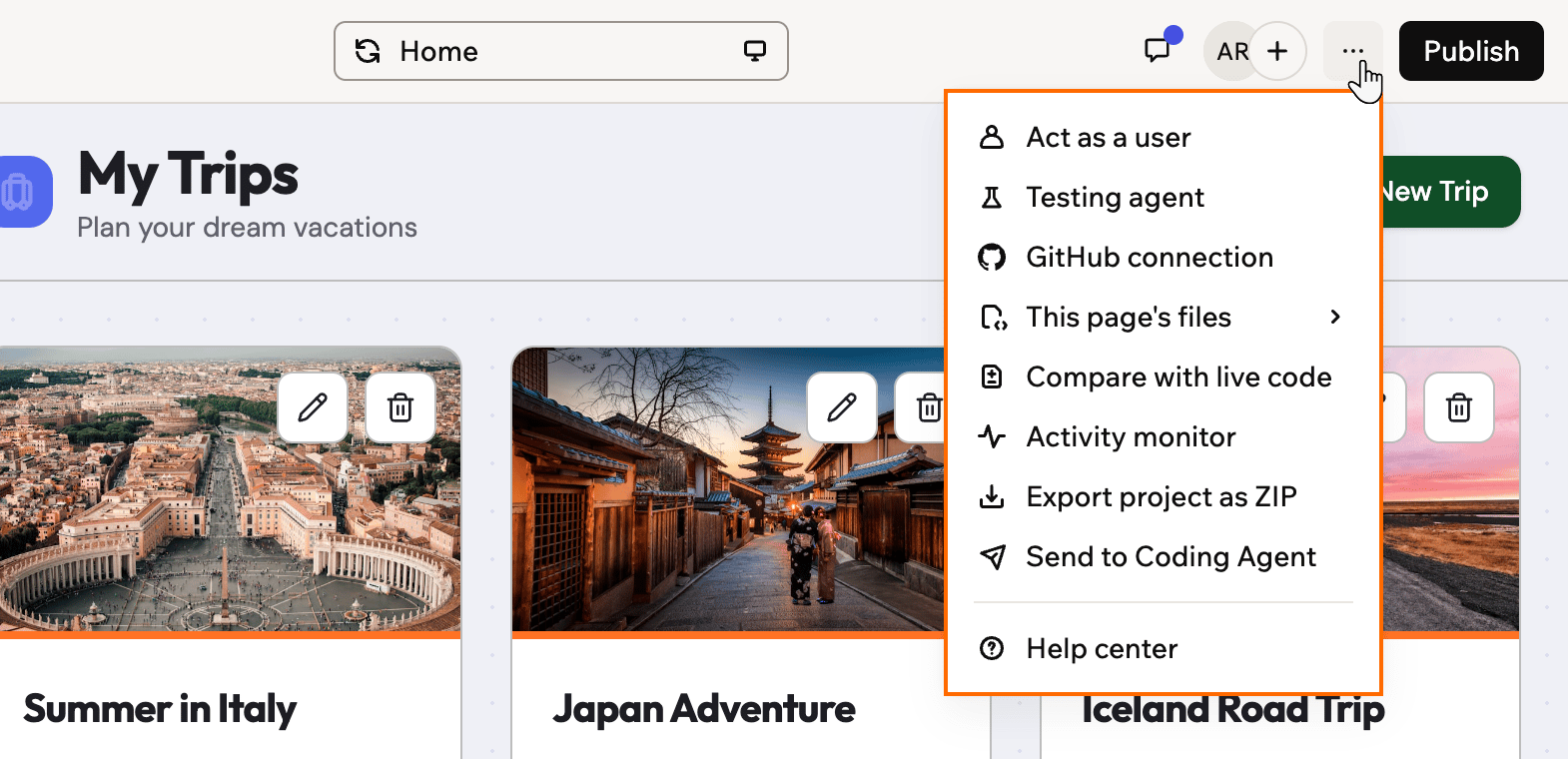 A screenshot of the app editor top bar with the More actions menu open and outlined