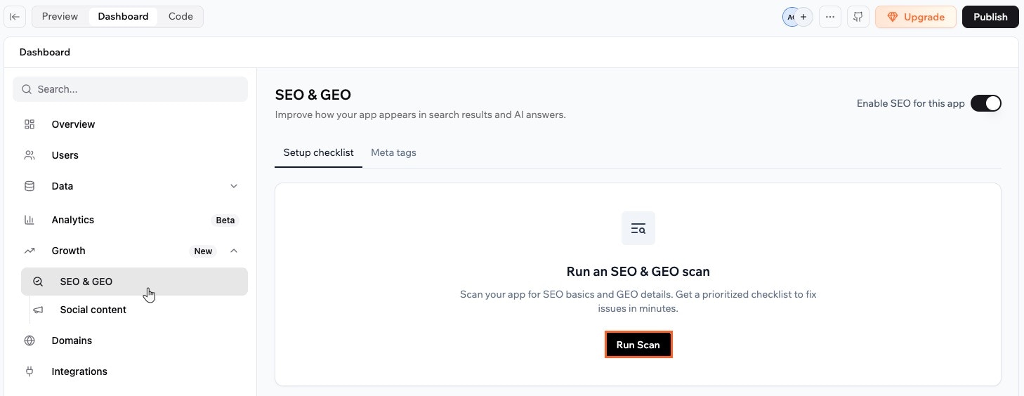 Running an SEO and GEO scan on your app