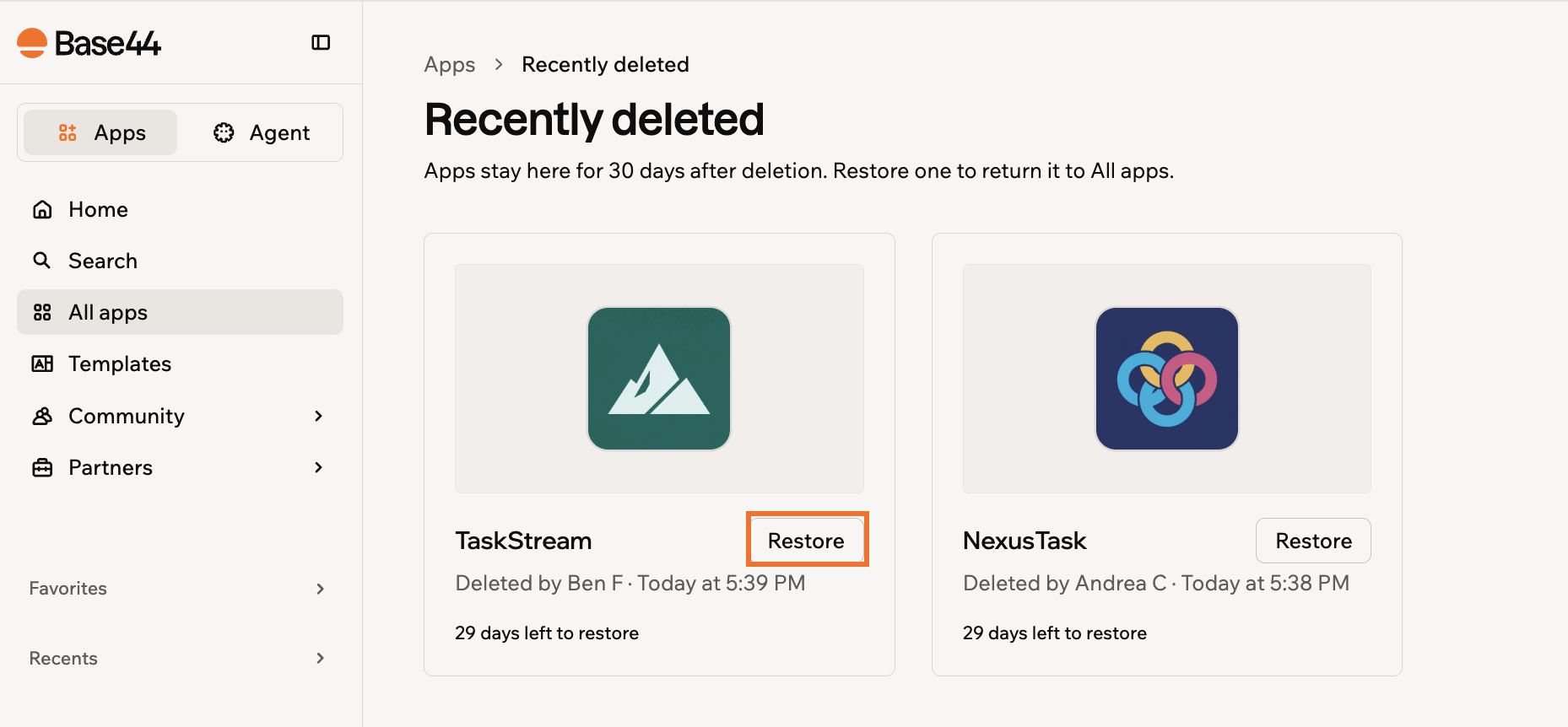 Recently deleted page showing each app's Restore button, who deleted it, and the days left to restore