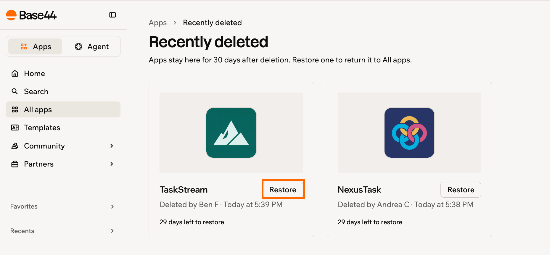 Restoring an app from Recently deleted Recently deleted page showing each app's Restore button, who deleted it, and the days left to restore