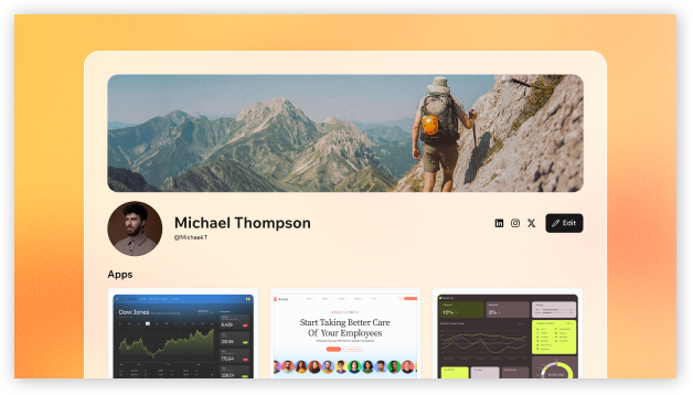 A Base44 public profile page showing a cover image, profile photo, displayed apps, and activity heatmap.