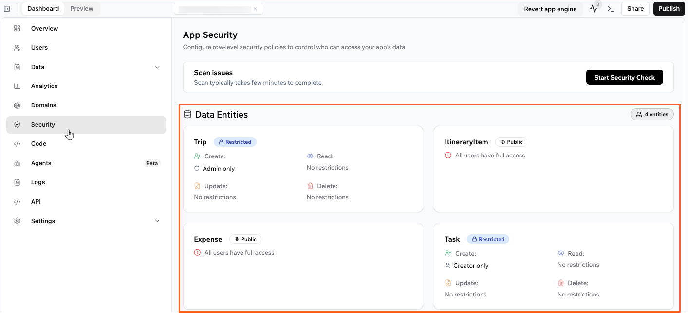 A screenshot showing the secruity on data entities on your Base44 app.