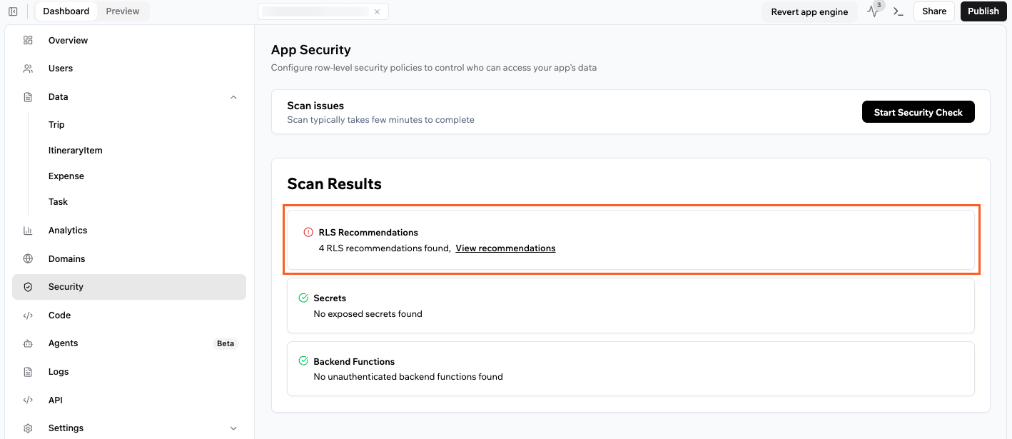 Recommendations from the security check in Base44