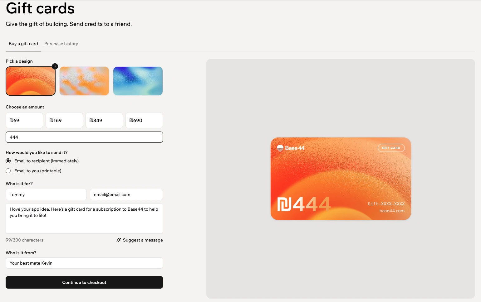 Purchasing A Gift Card Purchasing a gift card in Base44