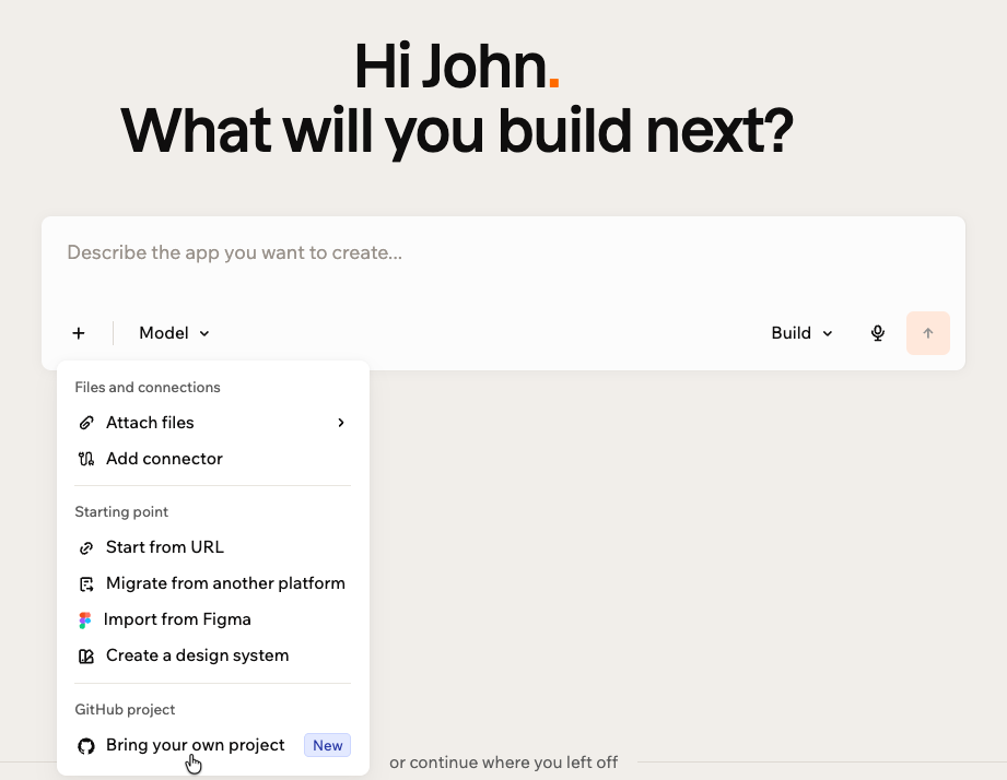The plus menu open on the Base44 home page, with Bring your own project under GitHub project
