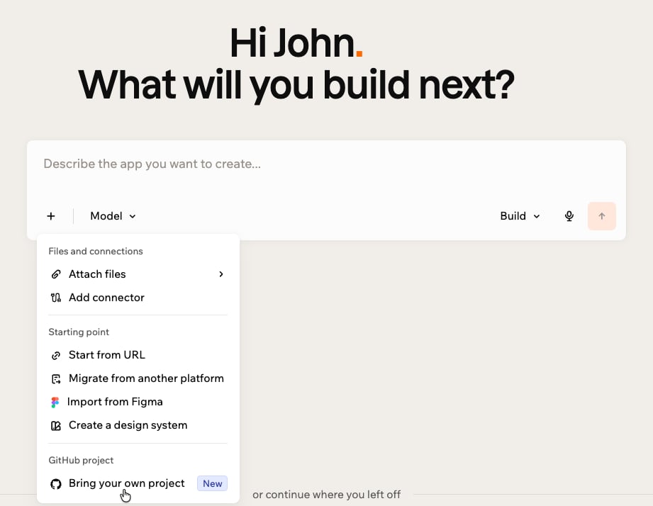 The plus menu open on the Base44 home page, with Bring your own project under GitHub project
