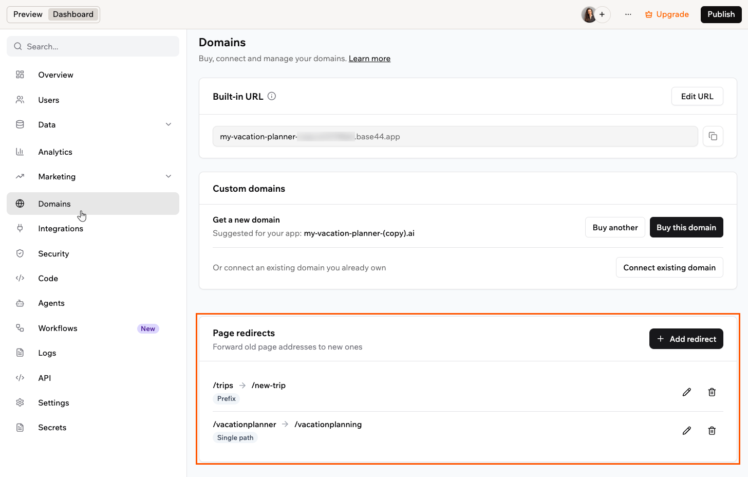 Managing page redirects in the Domains dashboard