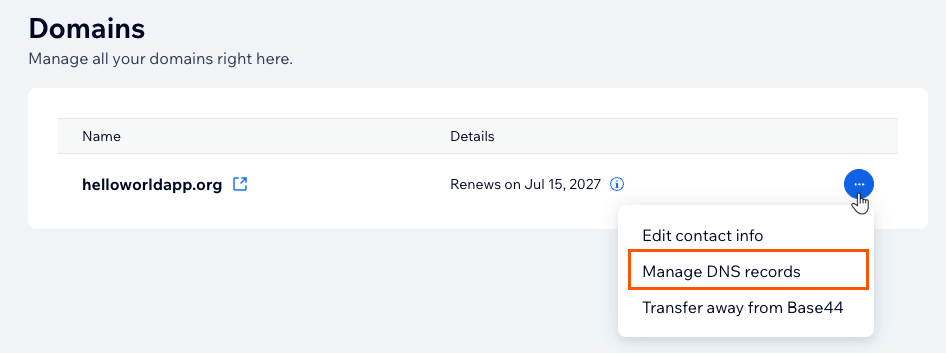 Opening Manage DNS records from the domain's management dashboard