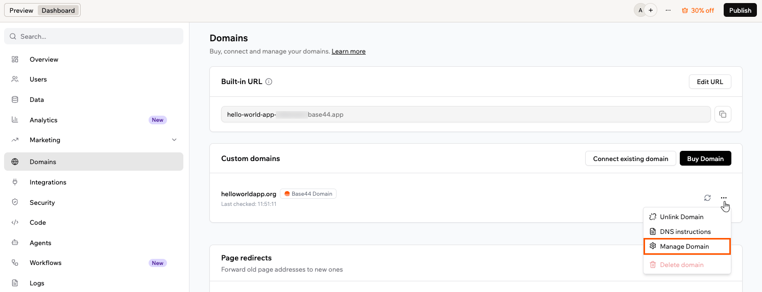 Opening a domain's management dashboard from the More Actions menu