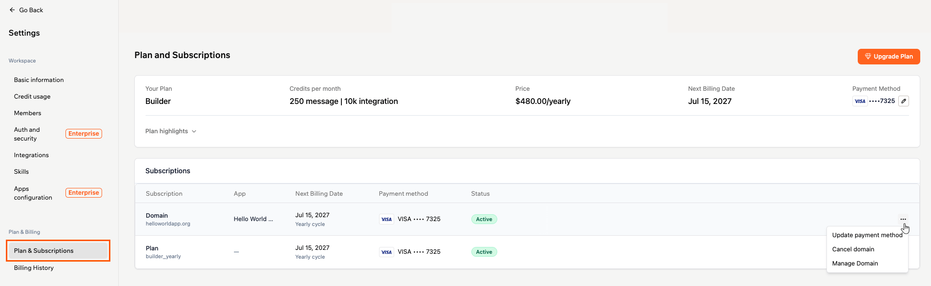 Managing a domain subscription on the Plan and Subscriptions page
