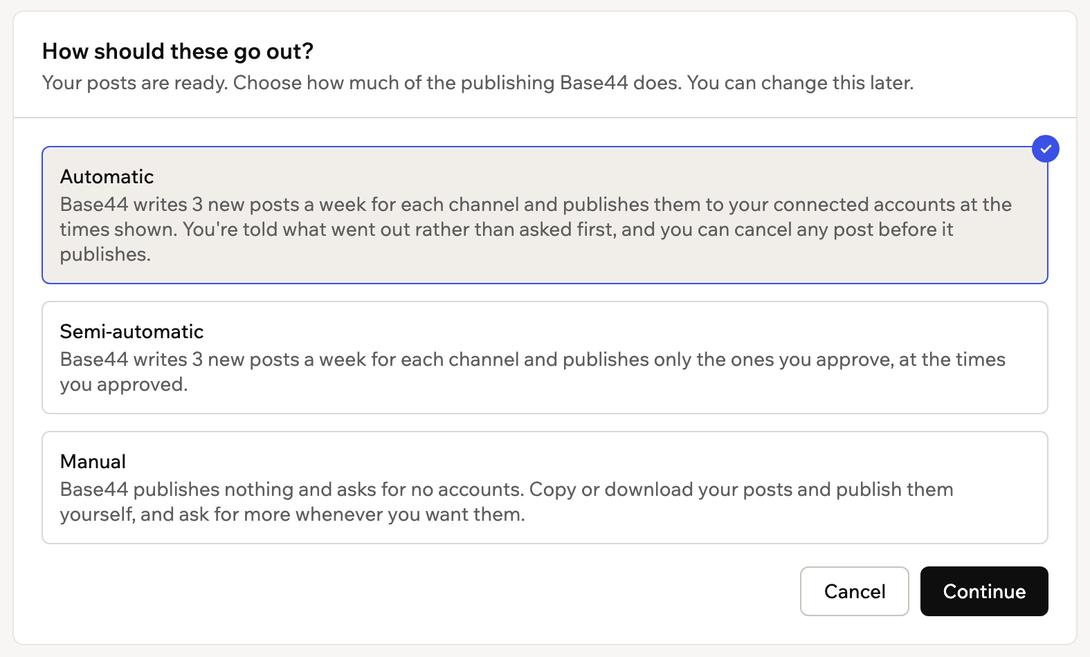 Publishing modes Automatic, Semi-automatic and Manual, with Automatic selected