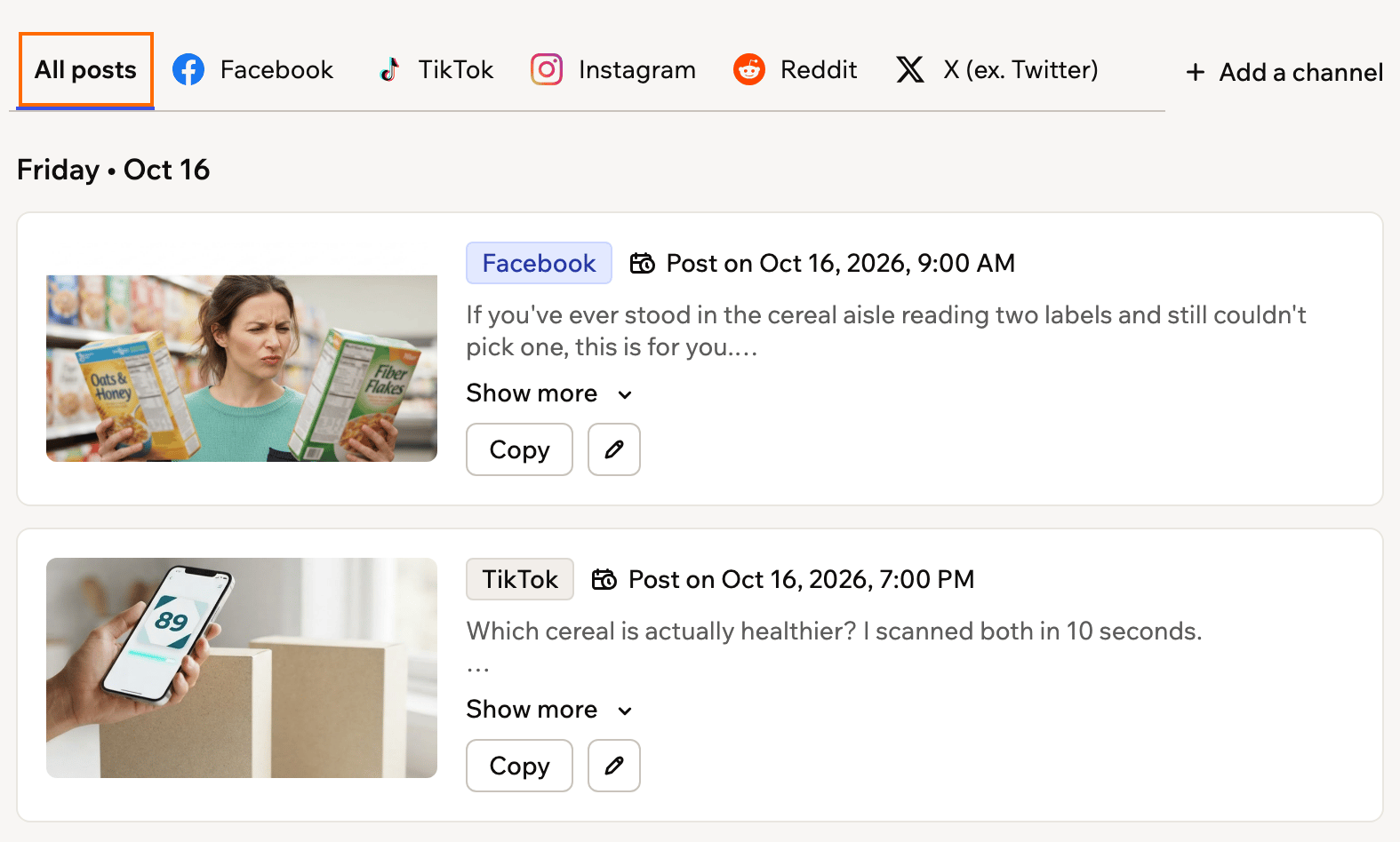 Posts grouped by date on the All posts tab, with platform tabs and Copy and edit controls