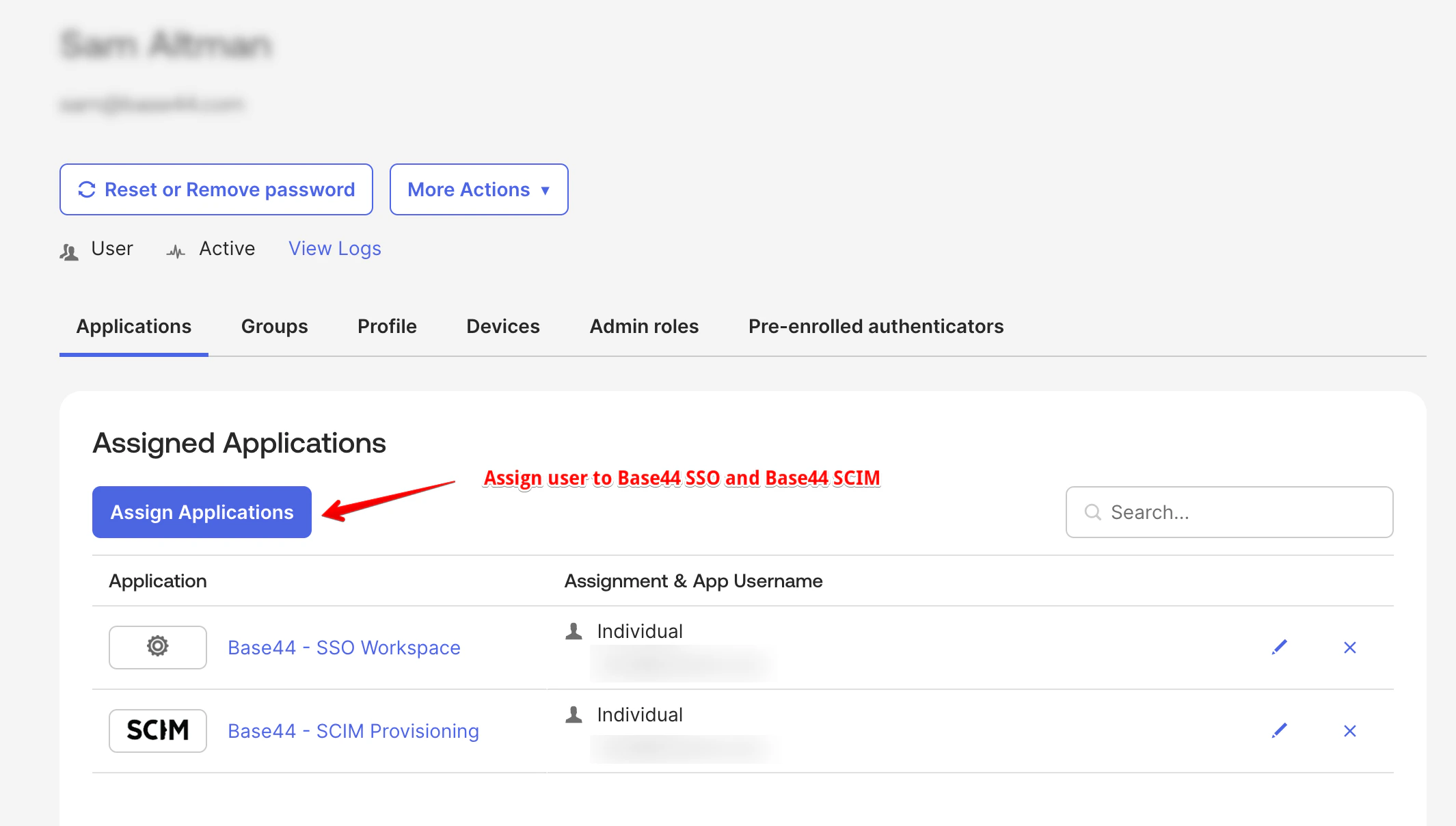 User assigned to both Base44 SSO and SCIM apps in Okta