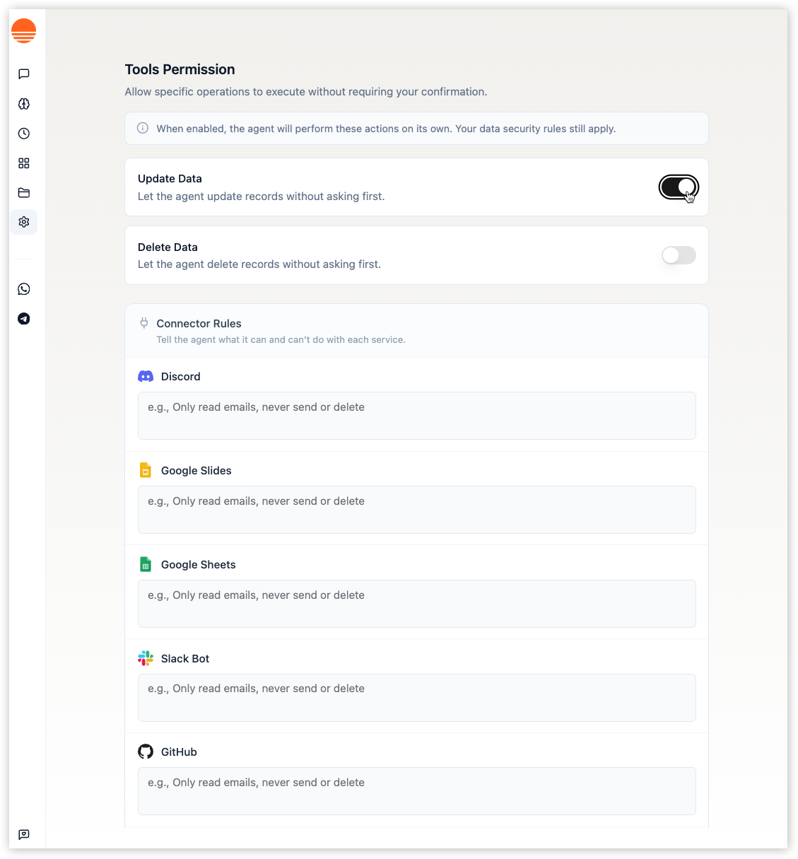 The Tools Permission screen showing Update Data, Delete Data, and connector-specific rules.