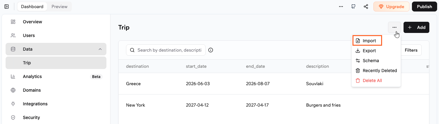 Importing data from your app's dashboard