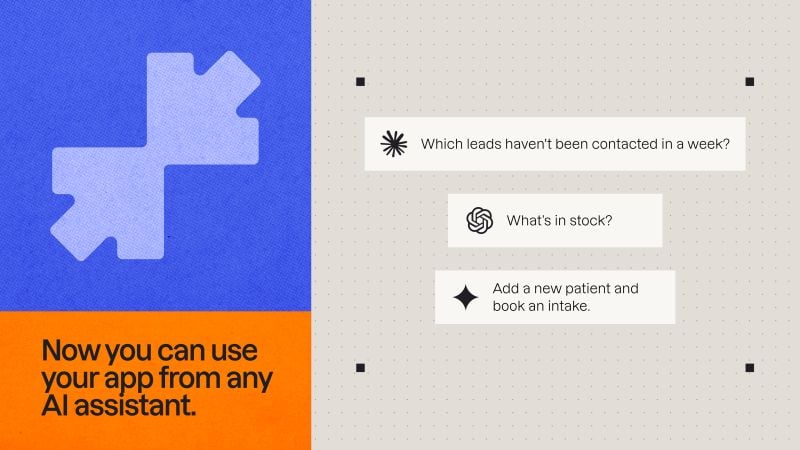 Sample requests people can make to a Base44 app from an AI assistant, such as which leads have not been contacted in a week, what is in stock, and adding a new patient