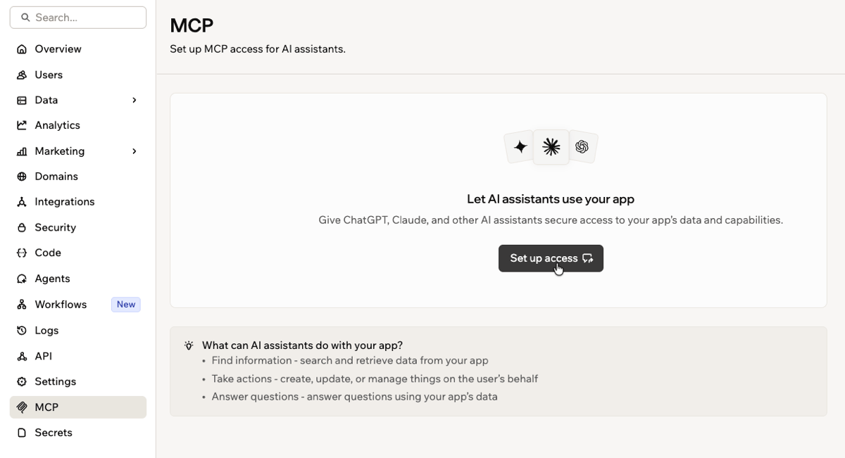 The MCP page in the app dashboard with the Set up access button