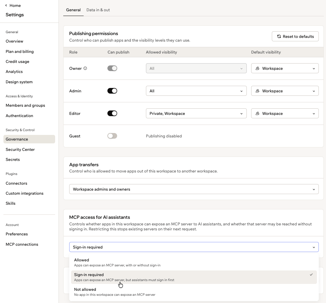 The workspace Governance page with the MCP access for AI assistants drop-down open, showing the Allowed, Sign-in required, and Not allowed policies