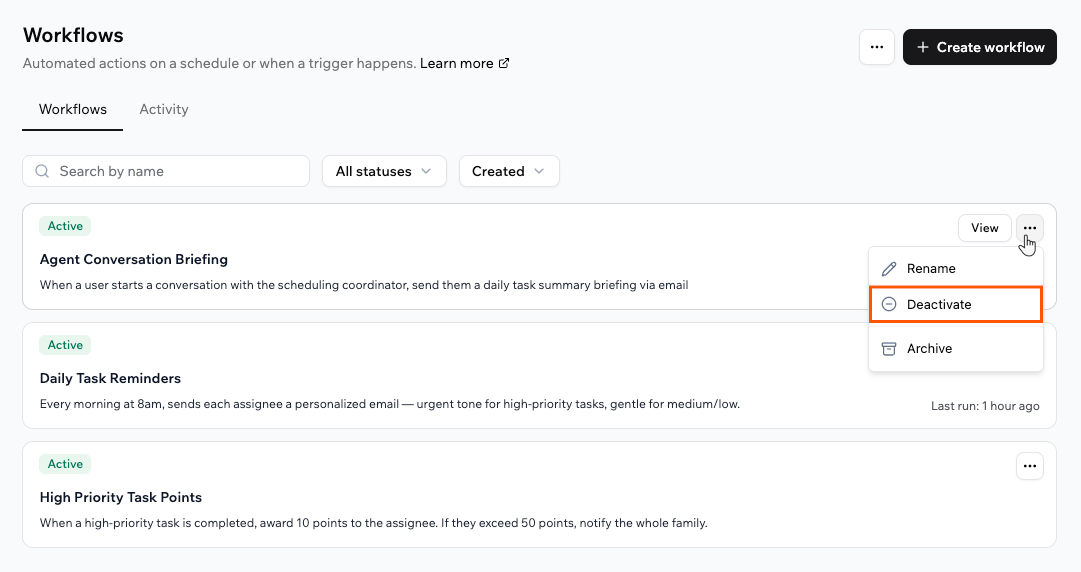 Deactivating a workflow from the More Actions menu