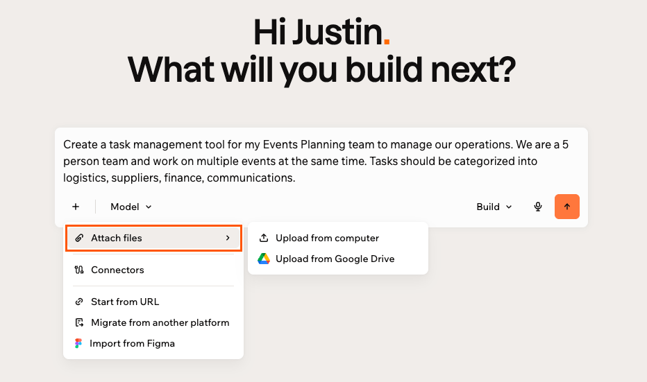 Attaching files to your first prompt