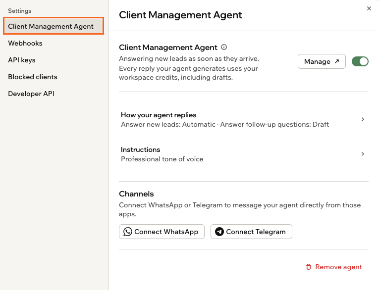 La configuración del Client Management Agent después de la configuración inicial, mostrando el interruptor del agente, los ajustes de respuesta, las instrucciones y los canales