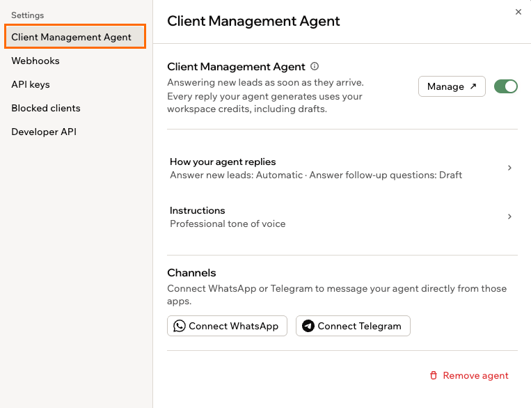 設定後の Client Management Agent 設定。エージェントのトグル、返信設定、指示、チャネルを表示
