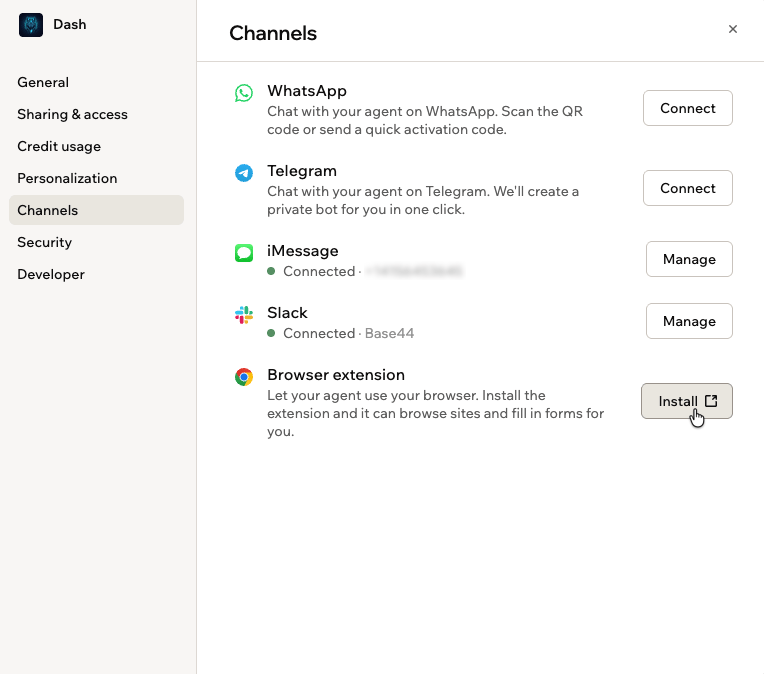 Channels settings showing WhatsApp, Telegram, iMessage, and Slack connection options for a Superagent, plus a Browser extension row with an Install button