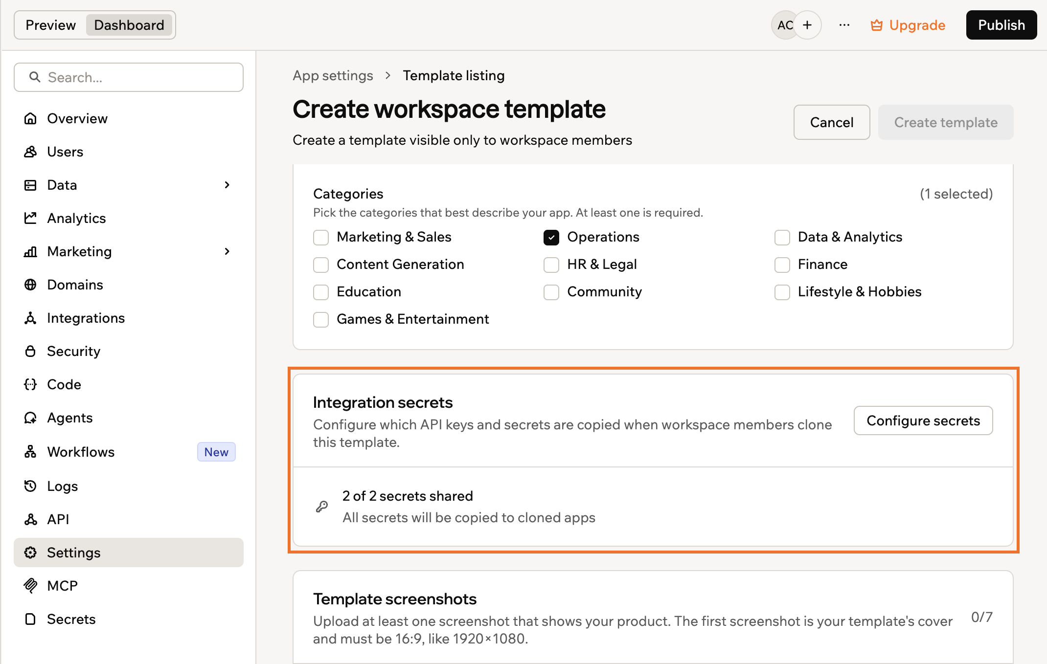 The Integration secrets section of a Base44 workspace template listing