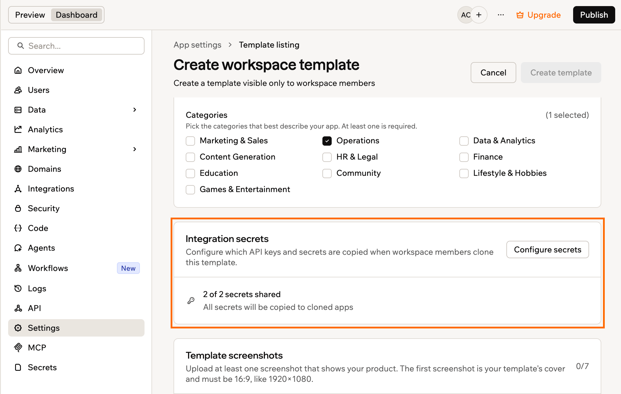 The Integration secrets section of a Base44 workspace template listing