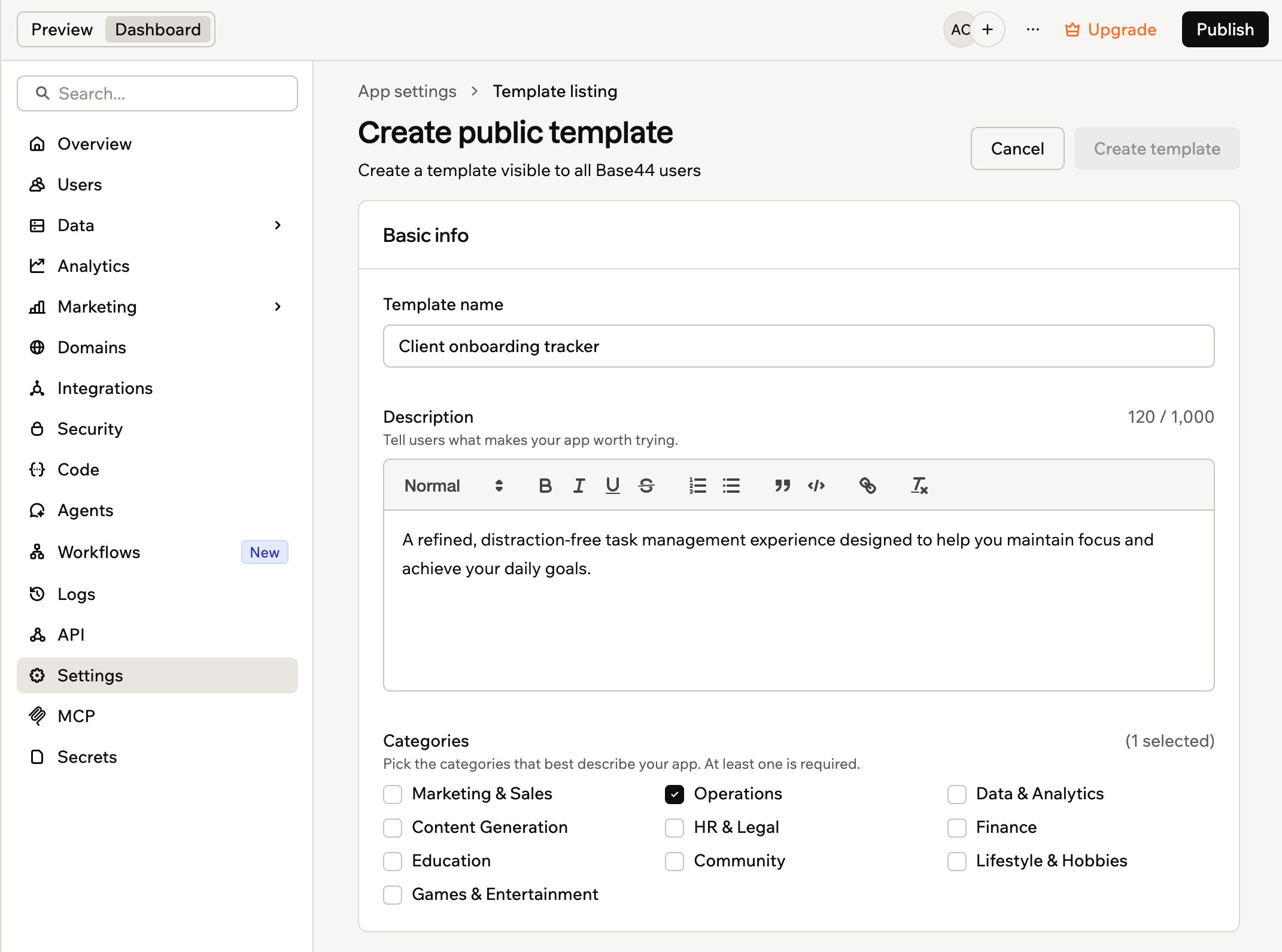 The Create public template form in Base44
