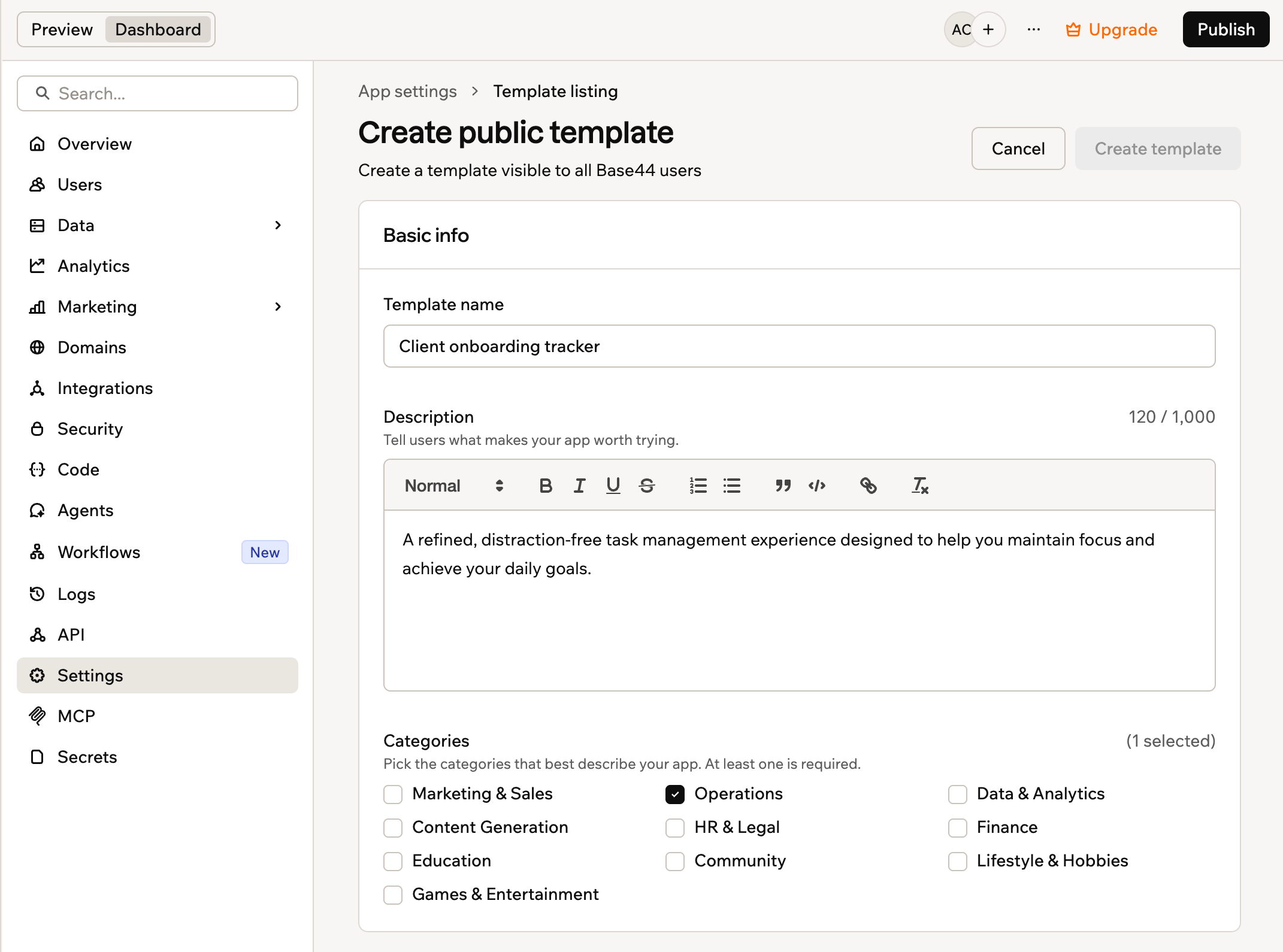 The Create public template form in Base44