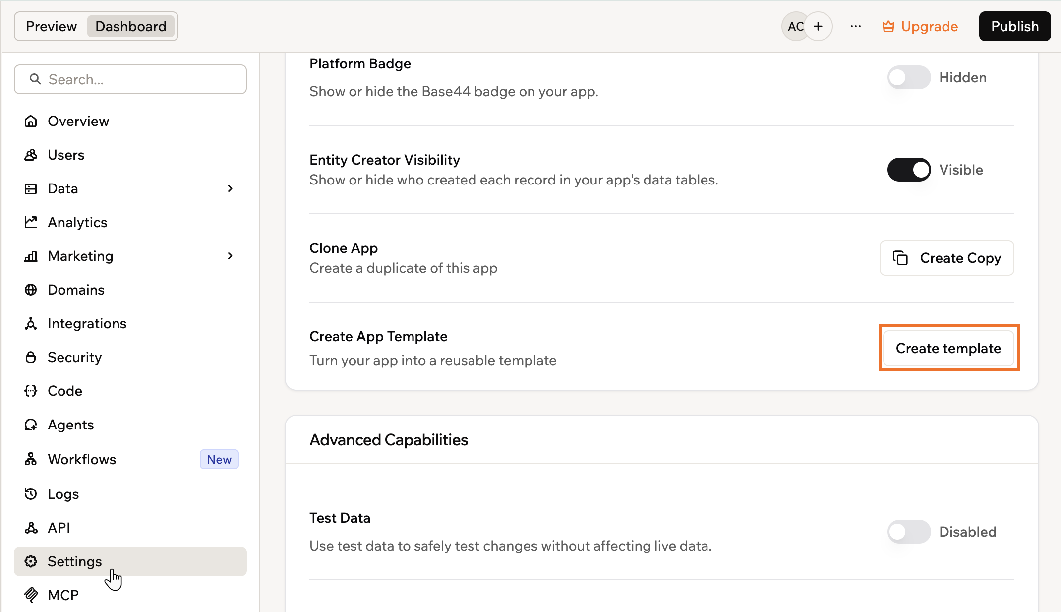 Creating an app template from your Base44 app settings
