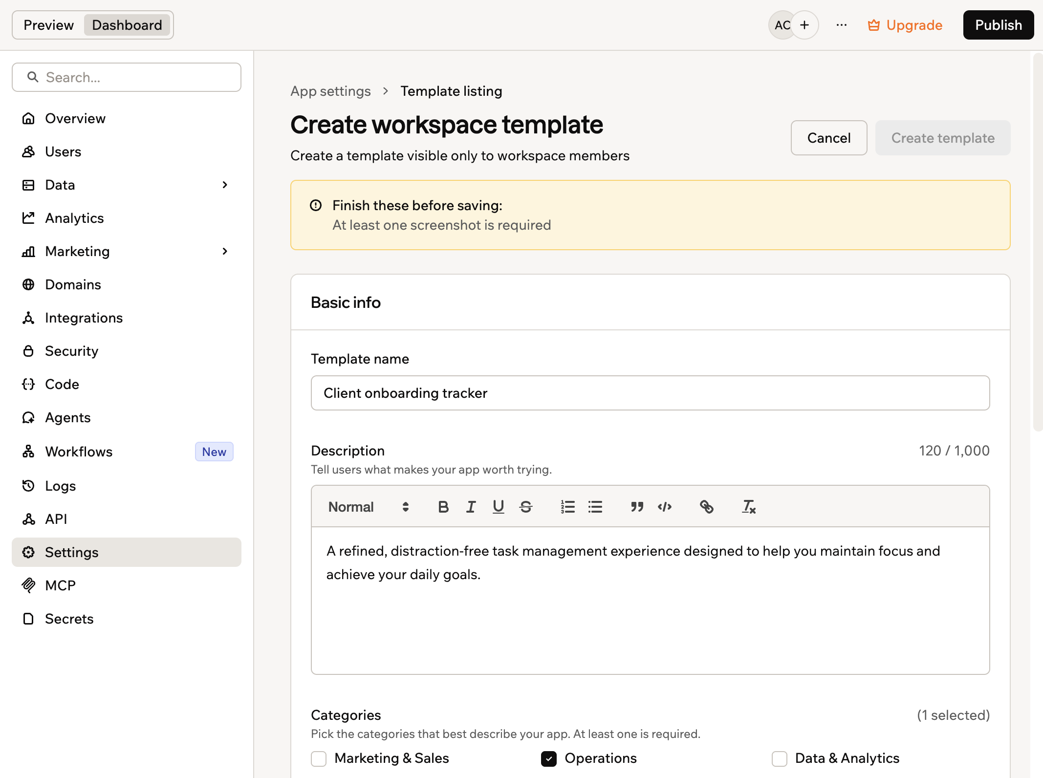 The Create workspace template form in Base44
