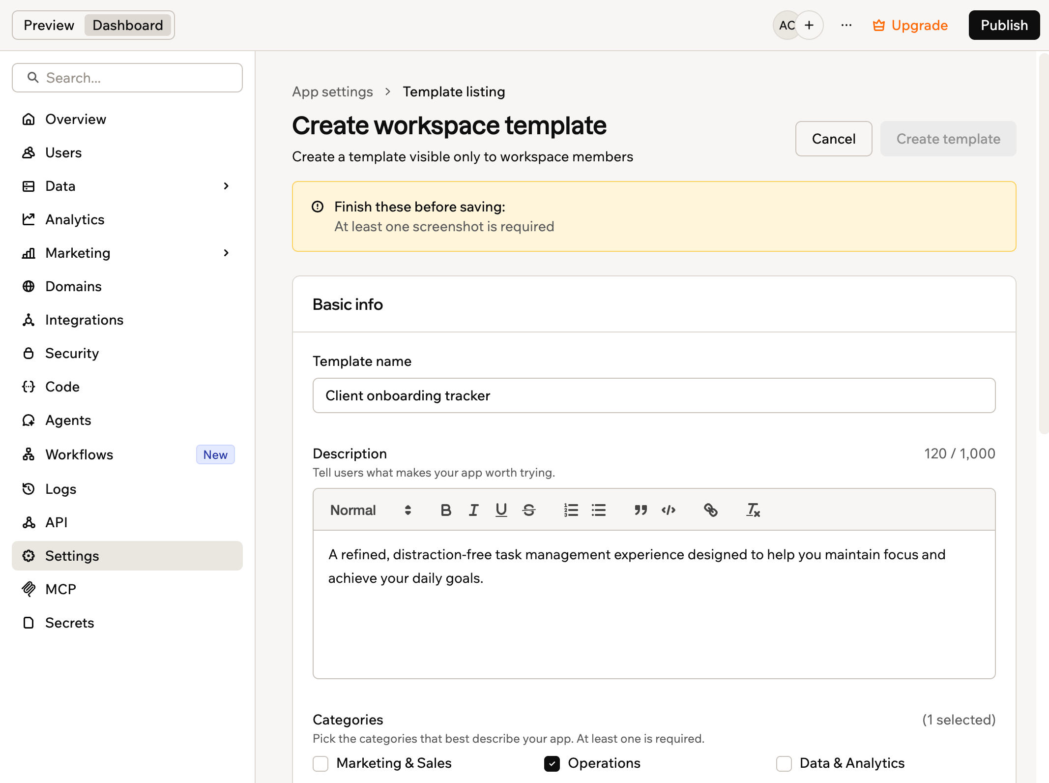 The Create workspace template form in Base44