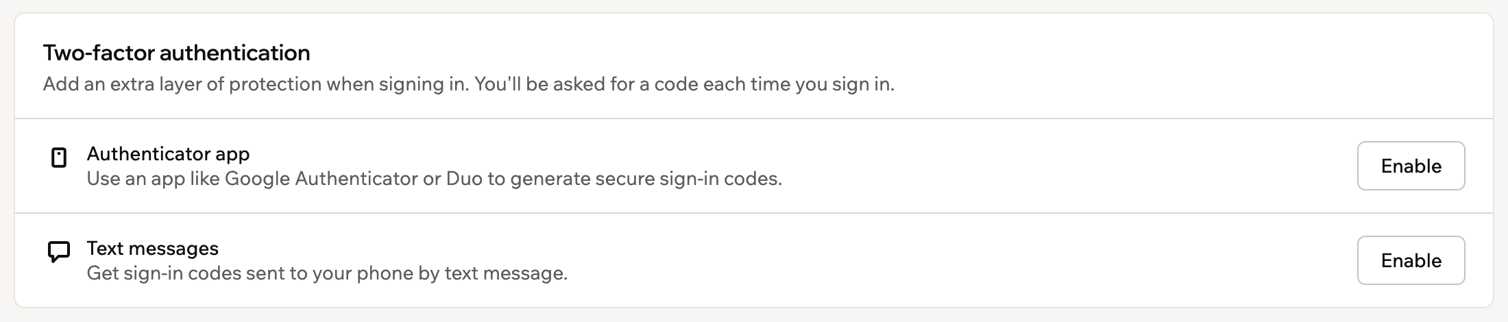 The Two-factor authentication card with Enable buttons for Authenticator app and Text messages