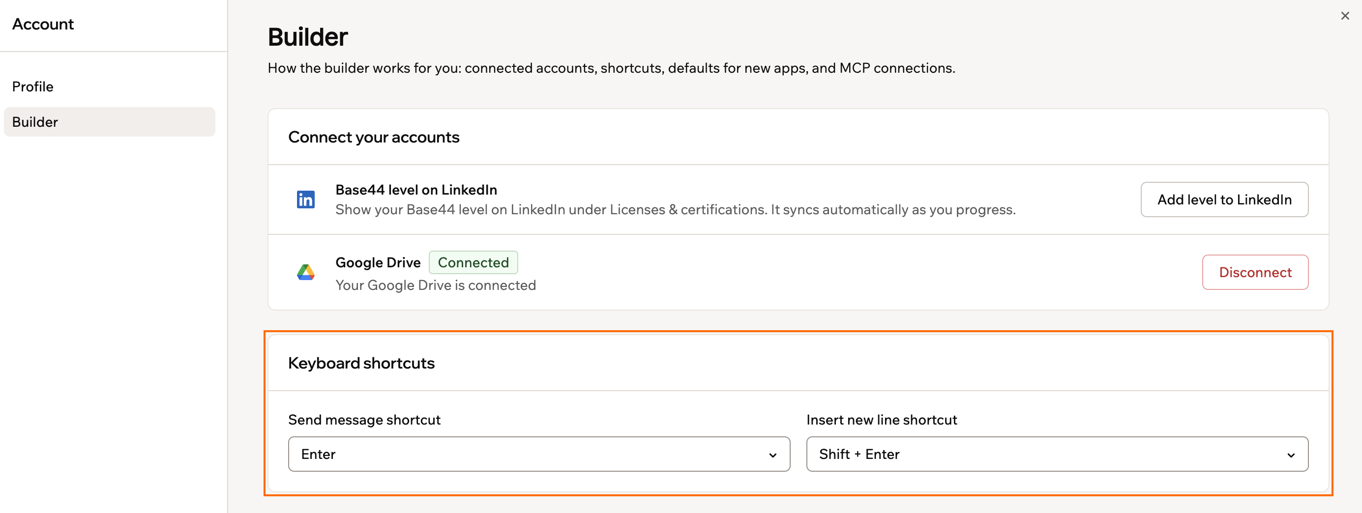 The Builder page in Account preferences with the Keyboard shortcuts card outlined