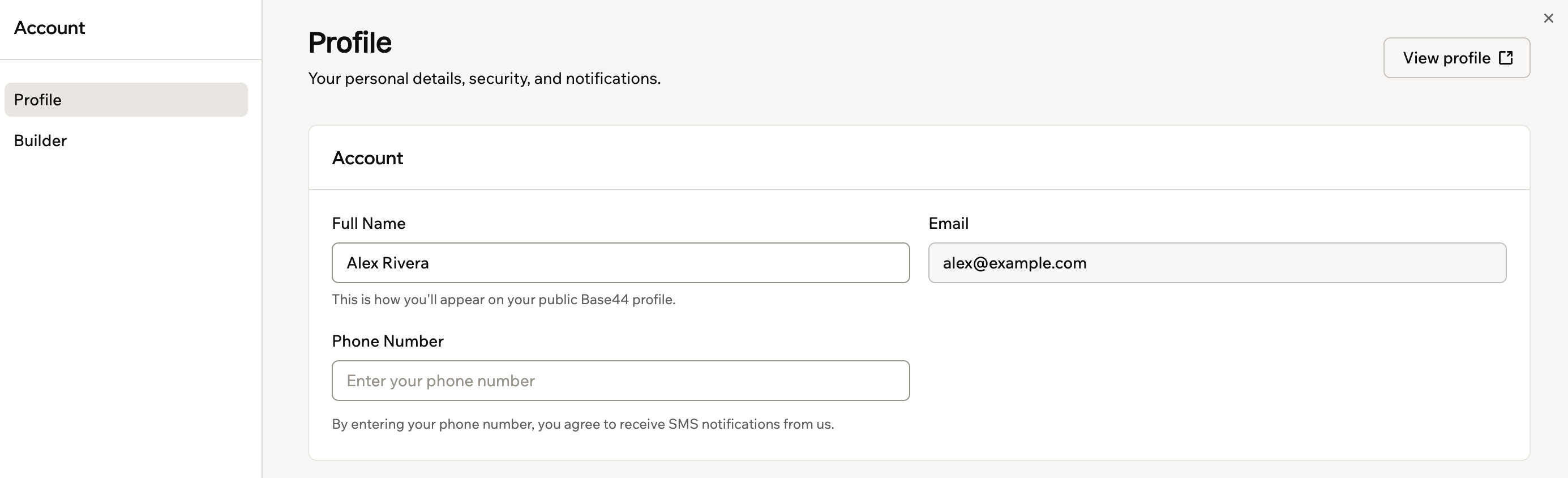 The Account preferences window on the Profile page, with Profile and Builder in the sidebar