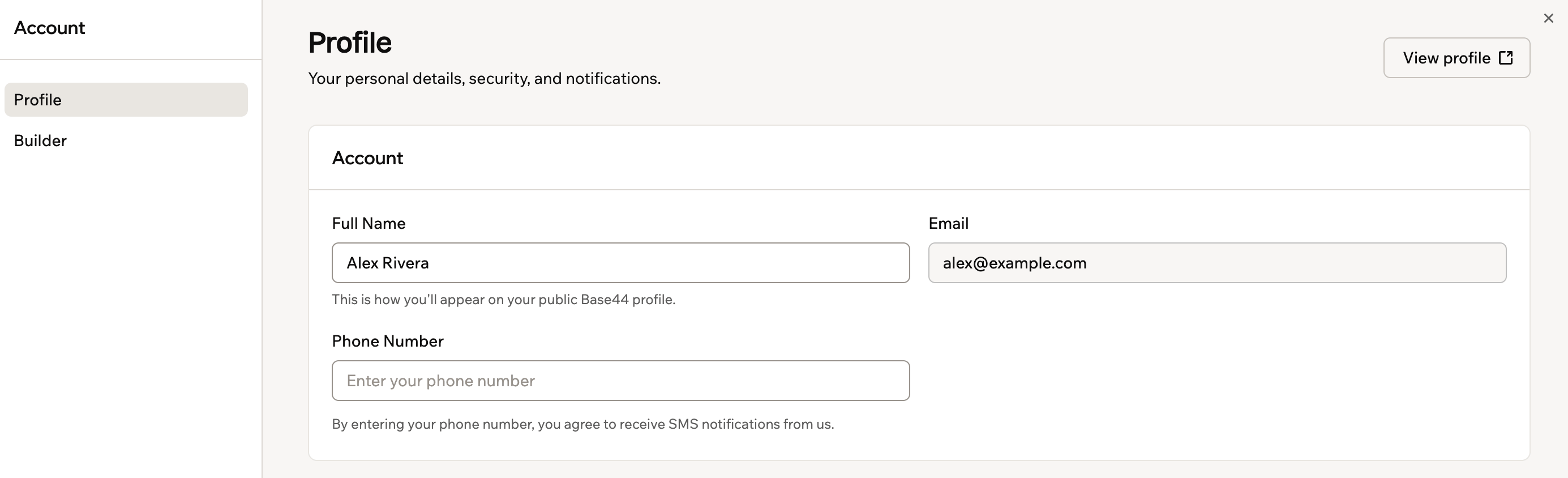 The Account preferences window on the Profile page, with Profile and Builder in the sidebar