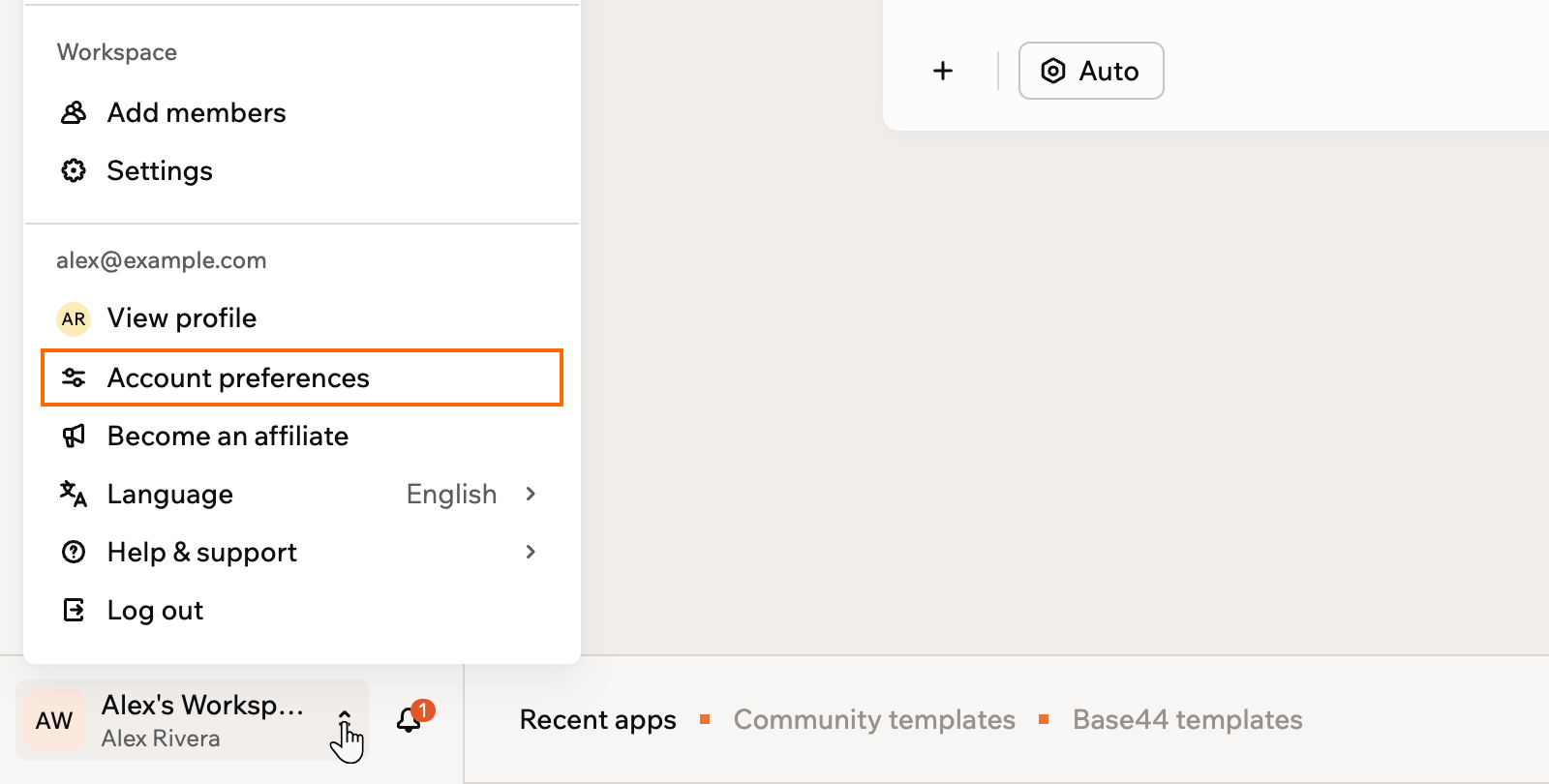 The workspace menu at the bottom left with Account preferences outlined