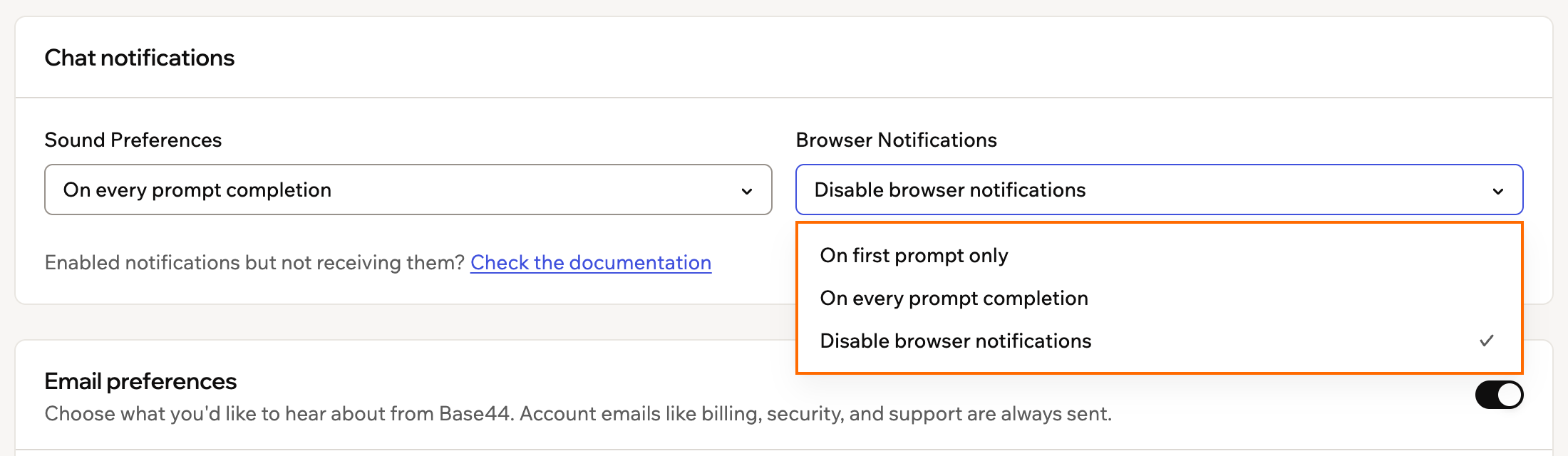 Chat notifications in Account preferences with the Browser Notifications options outlined