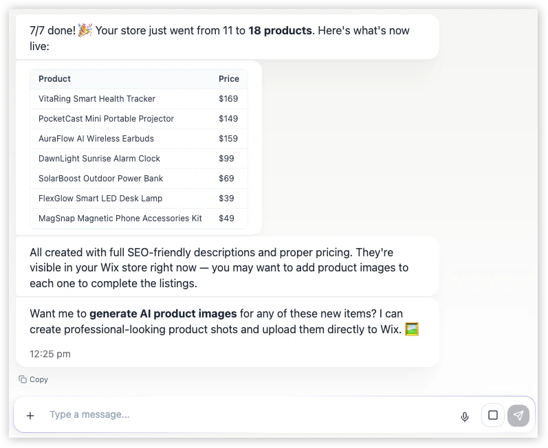 Superagent creating products and suggesting actions after connecting a Wix site