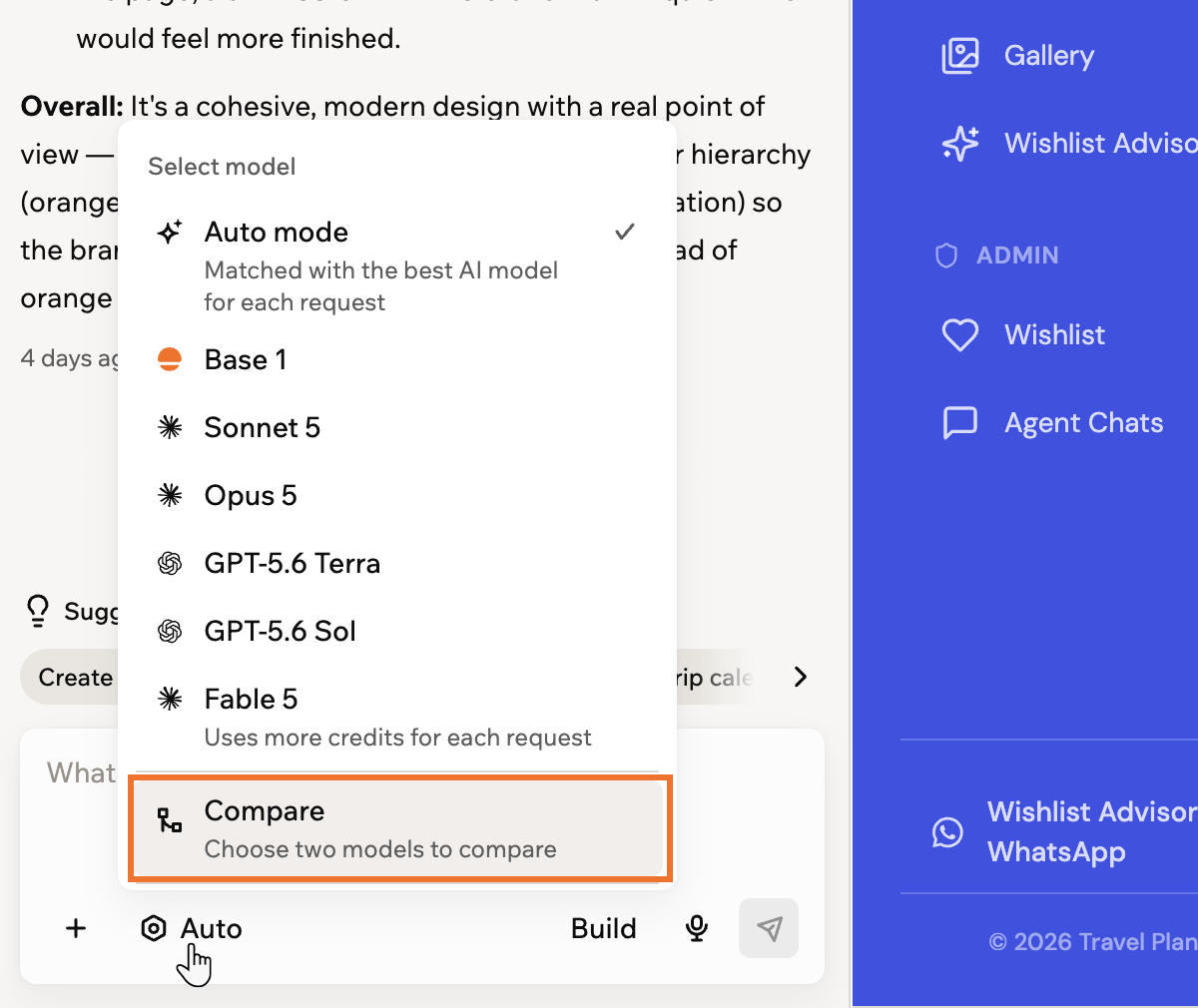The model picker with the Compare option at the bottom